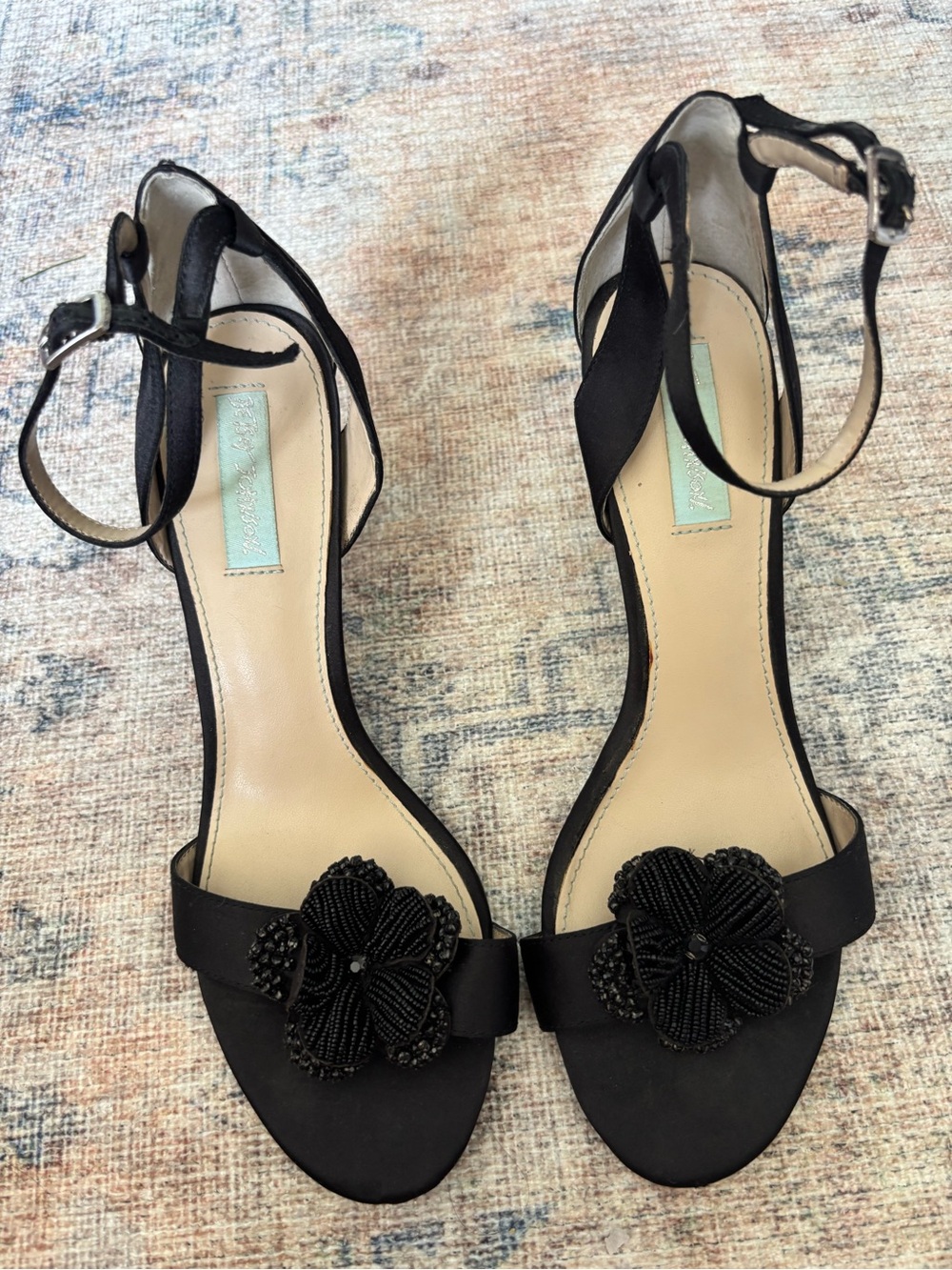 Betsey Johnson Black Beaded Flower Ankle-Strap Heels